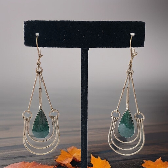 Malachite Green Stone Wire Design Earrings Teardrop Dangle Dainty Bohemian Gypsy - Picture 13 of 16